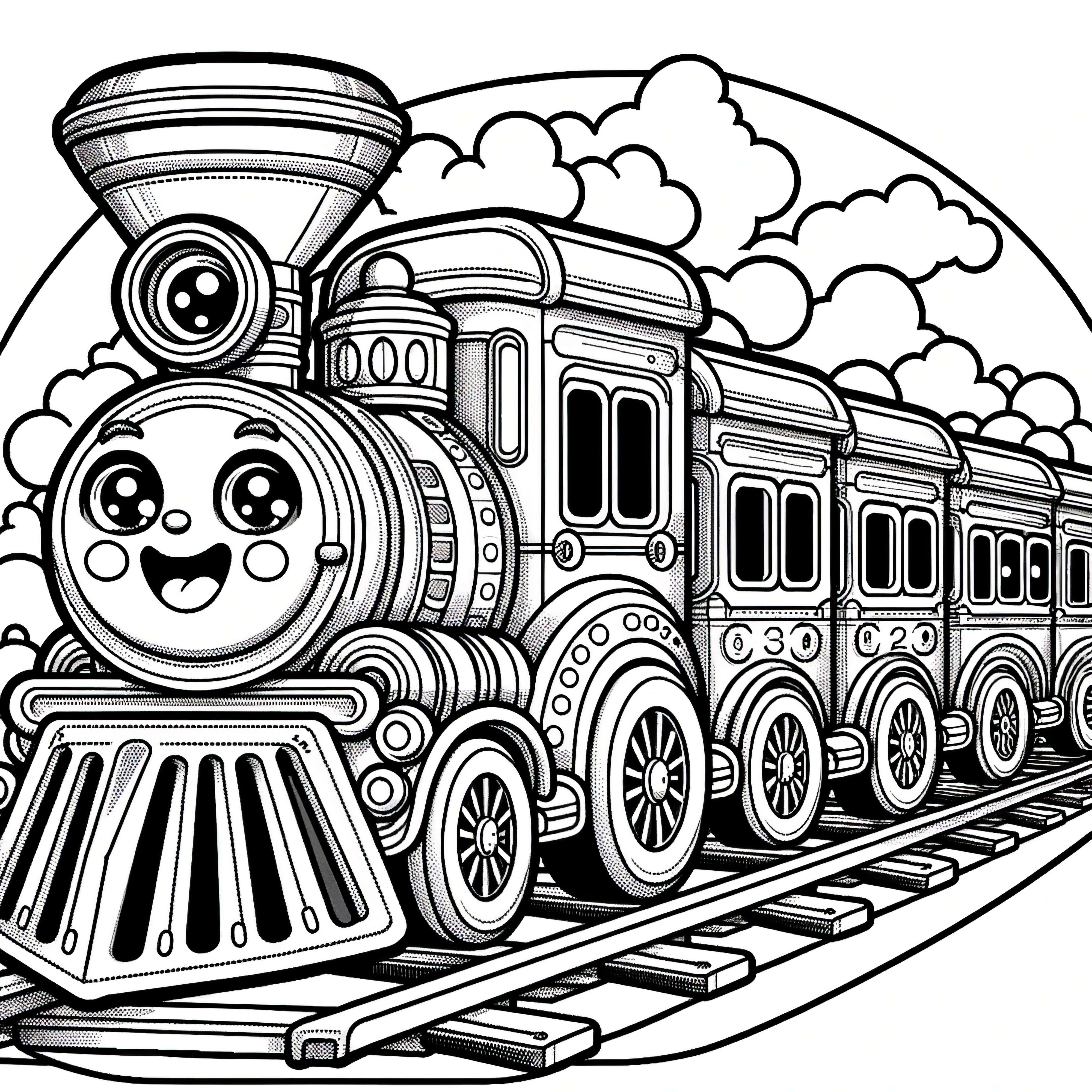 Happy steam locomotive: Railway picture for kids to color (Free)