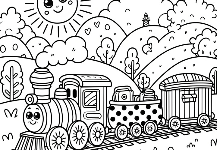 Drôle train-jouet dans un paysage magnifique : coloriage pour enfants (Gratuit)