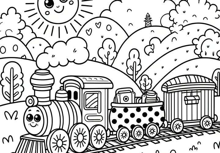 Funny toy train in beautiful landscape: coloring page for children (Free)