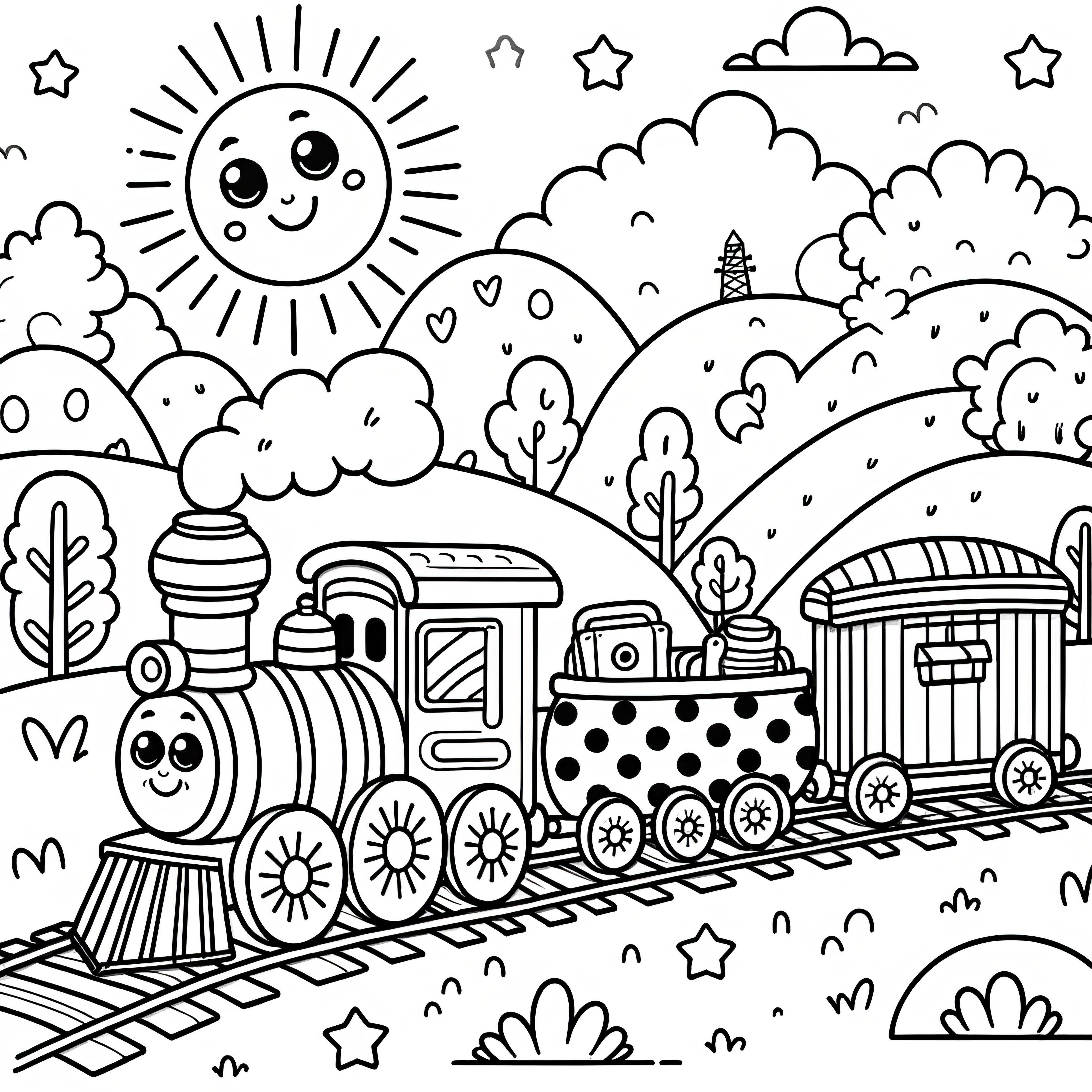 Train jouet amusant dans un beau paysage: coloriage pour enfants (gratuit)