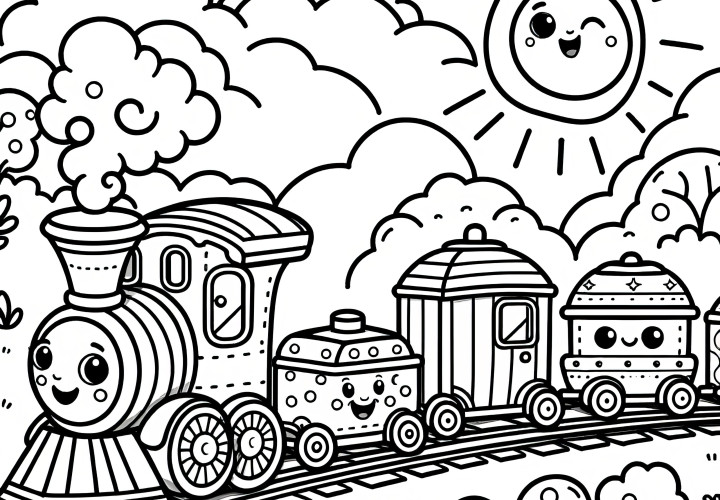 Train jouet avec des remorques mignonnes : coloriage pour enfants (Gratuit)