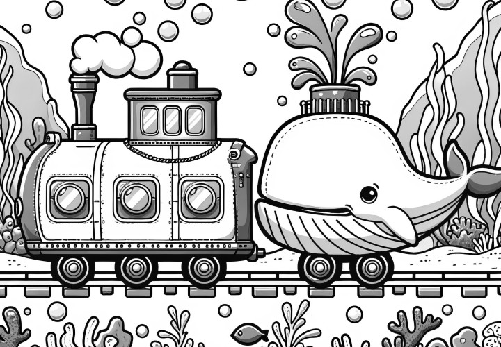 Underwater steam locomotive with whale: Simple coloring template for download (free)