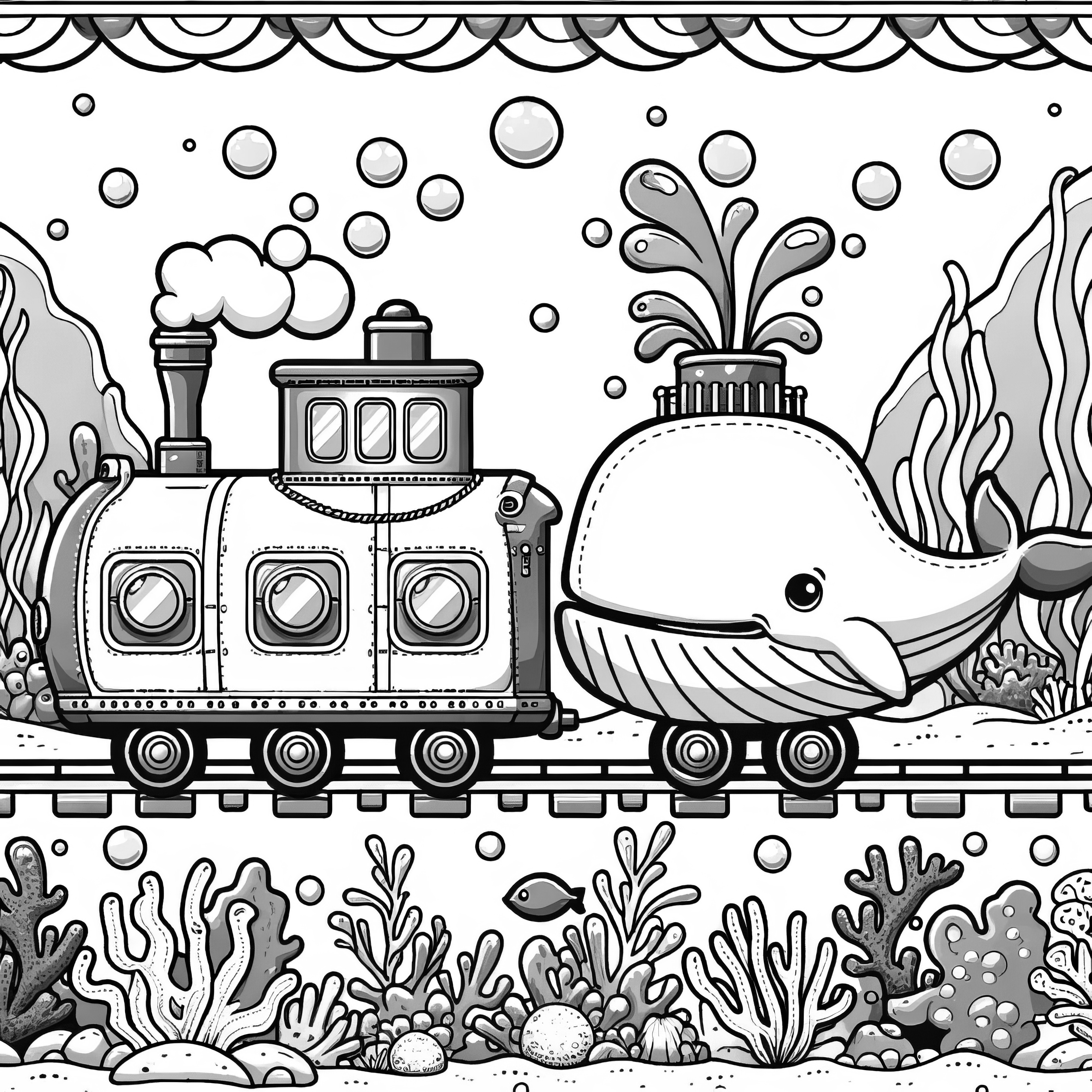 Locomotive à vapeur sous-marine avec une baleine : Modèle de coloriage simple à télécharger (Gratuit)