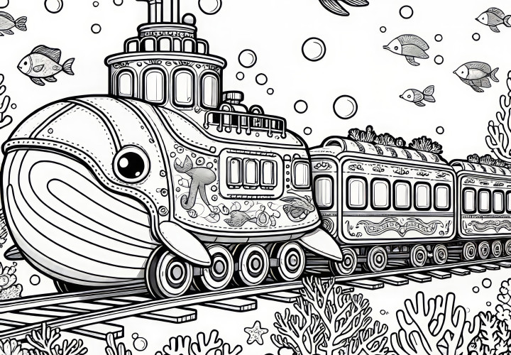 Train sous-marin imaginatif : Coloriage à télécharger pour les enfants (gratuit)