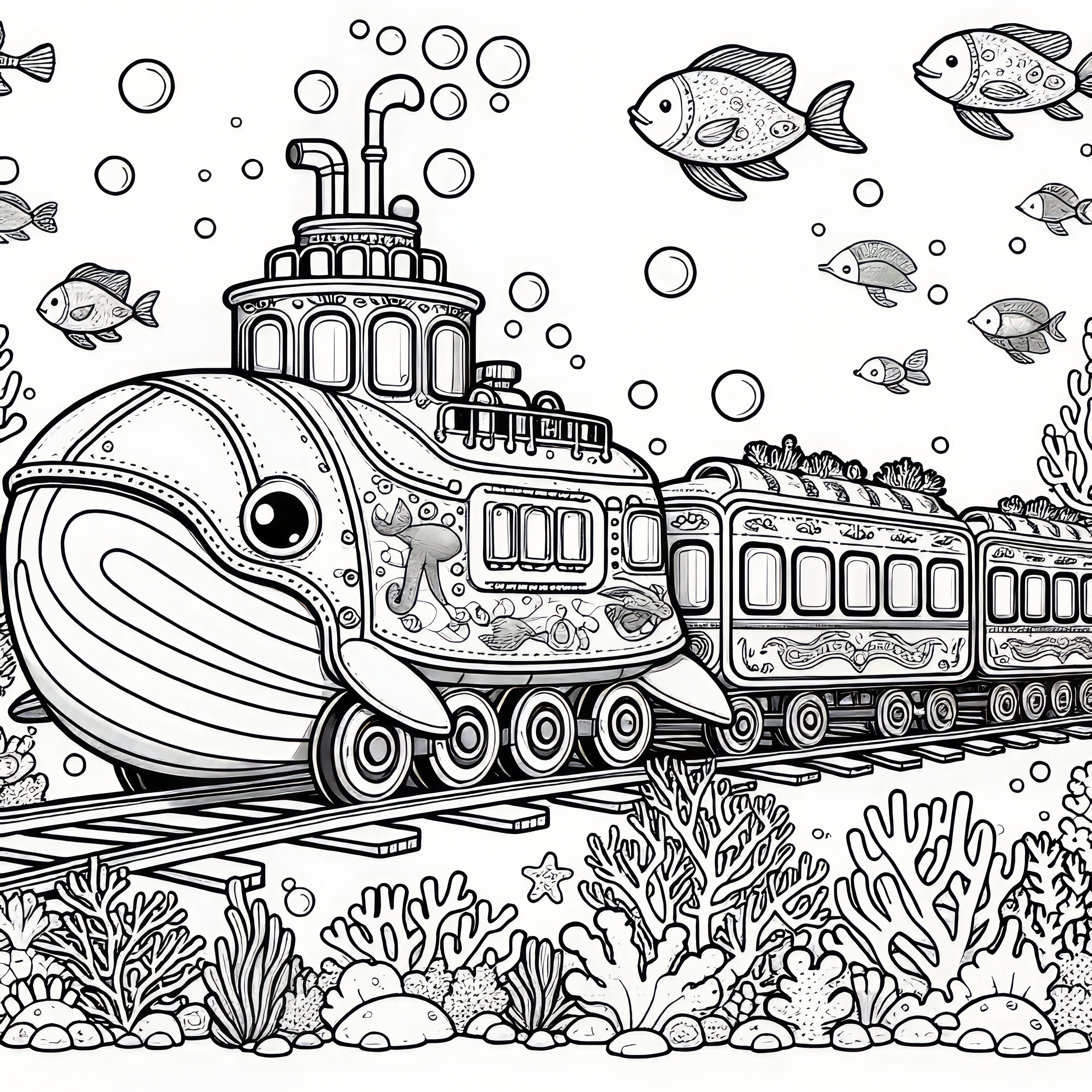 Imaginative underwater train: Coloring picture for children to download (Free)