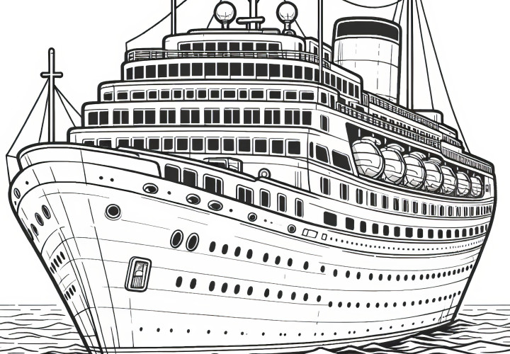 Navire de croisière élégant en mer : Coloriage complexe (gratuit)