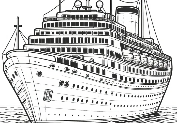 Elegant cruise ship on the ocean: Complex coloring page (free)