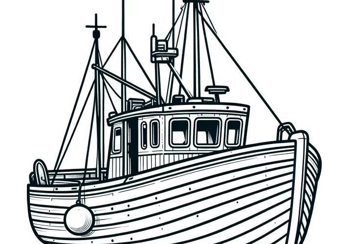 Typical fishing boat: Simple coloring page for children (Free)