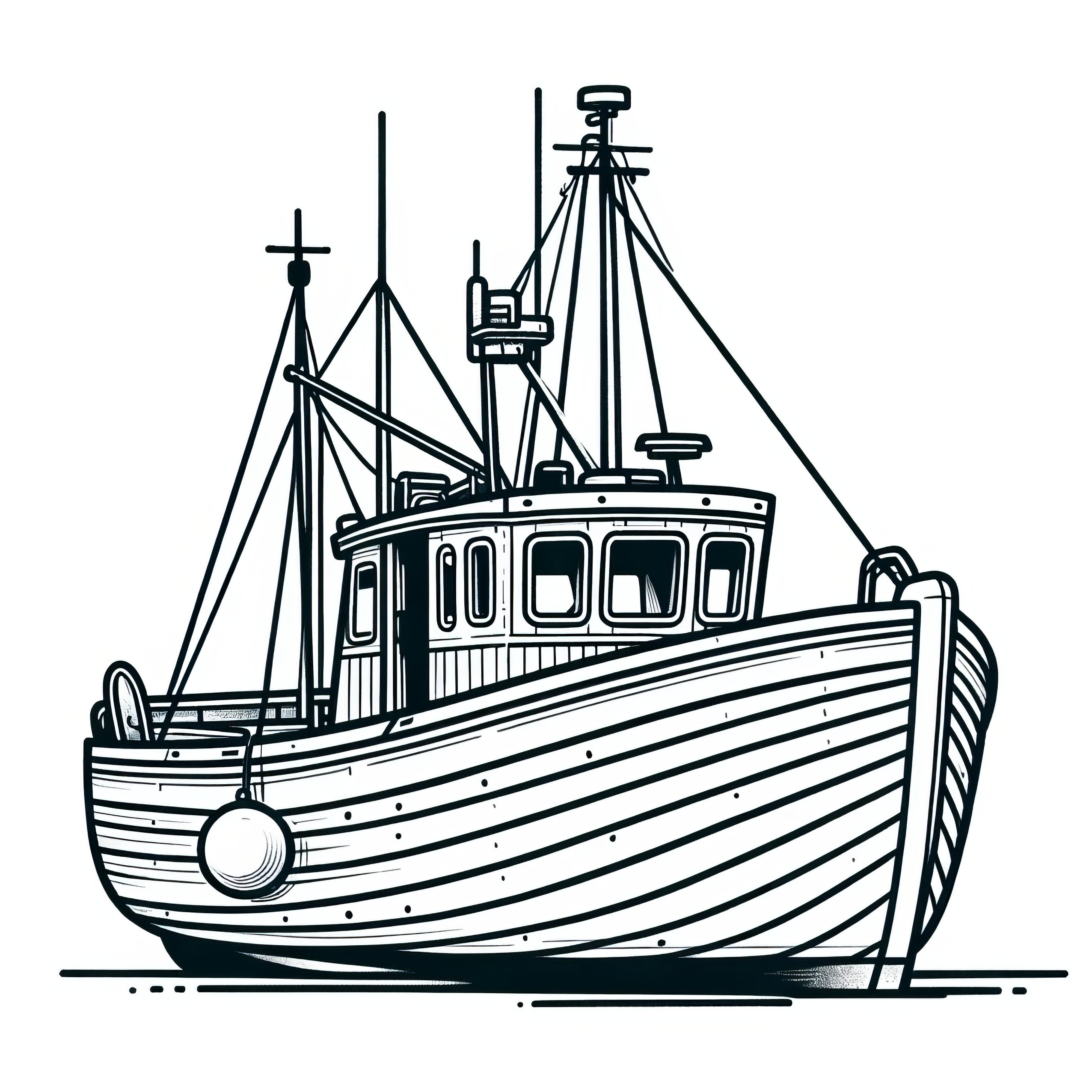 Bateau de pêche typique : modèle de coloriage simple pour enfants (gratuit)