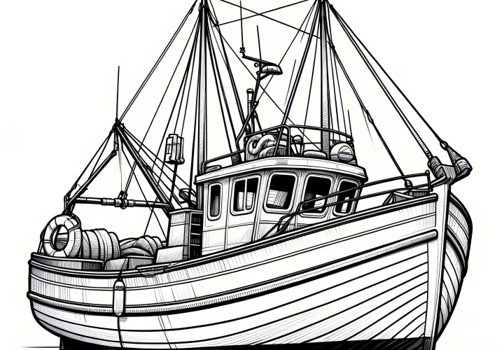 Barco pesquero detallado: dibujo para colorear complejo para descargar (Gratis)