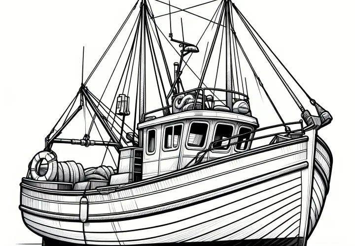 Detailed fishing boat: Complex coloring page for download (Free)