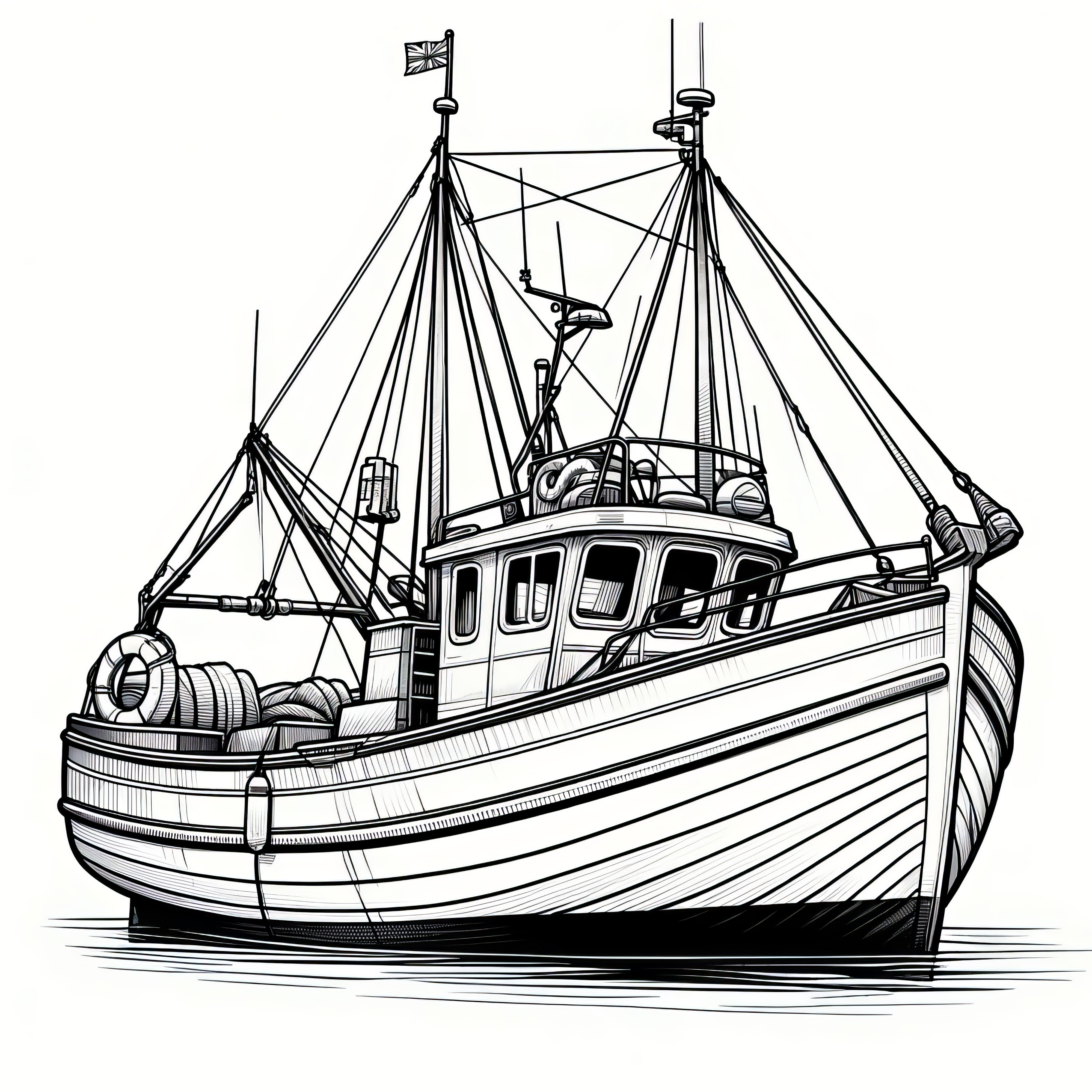 Detailed fishing cutter: Complex coloring picture to download (free)