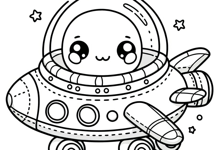 Alien in UFO: Simple coloring page for children (Free)