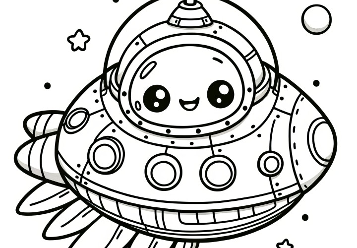 Cute alien in a UFO: Simple coloring page for children (free)