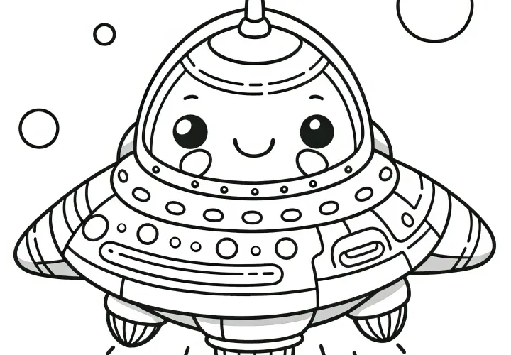 UFO with alien: Simple coloring page for children (free)