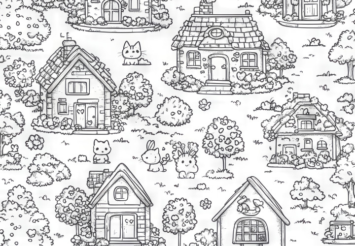 Trees and houses: Hidden picture for coloring (Free)