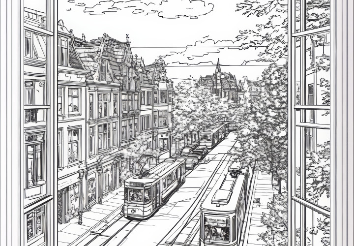 View through a window of the city with a tram: Busy image for download (Free)