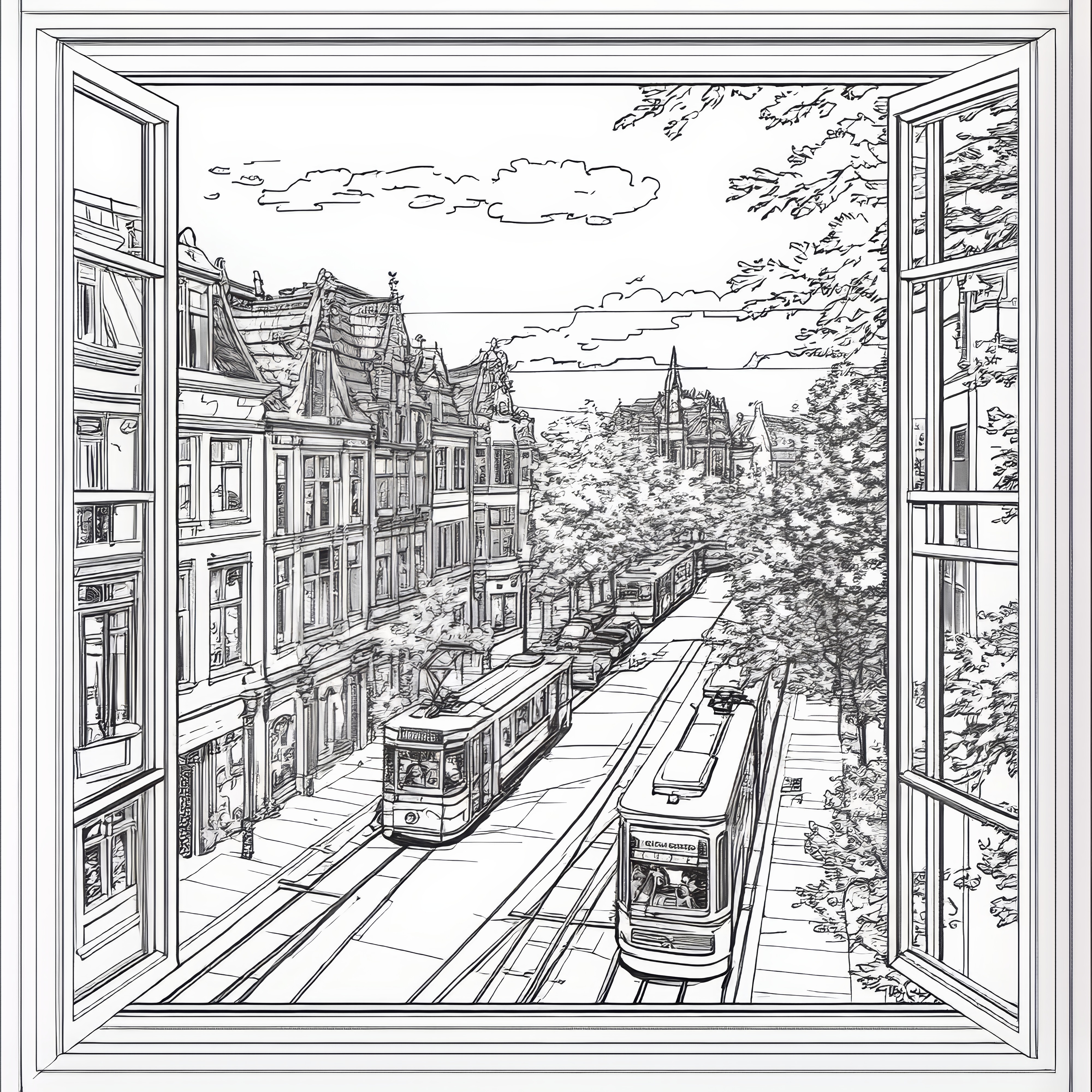 View through a window of the city with tram: Wimmelbild for downloading (Free)