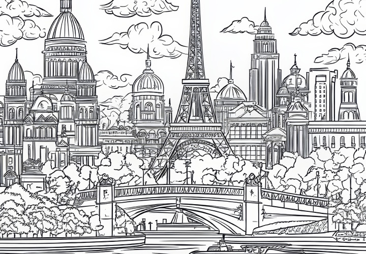 Image d'une grande ville avec la tour Eiffel à colorier (gratuit)