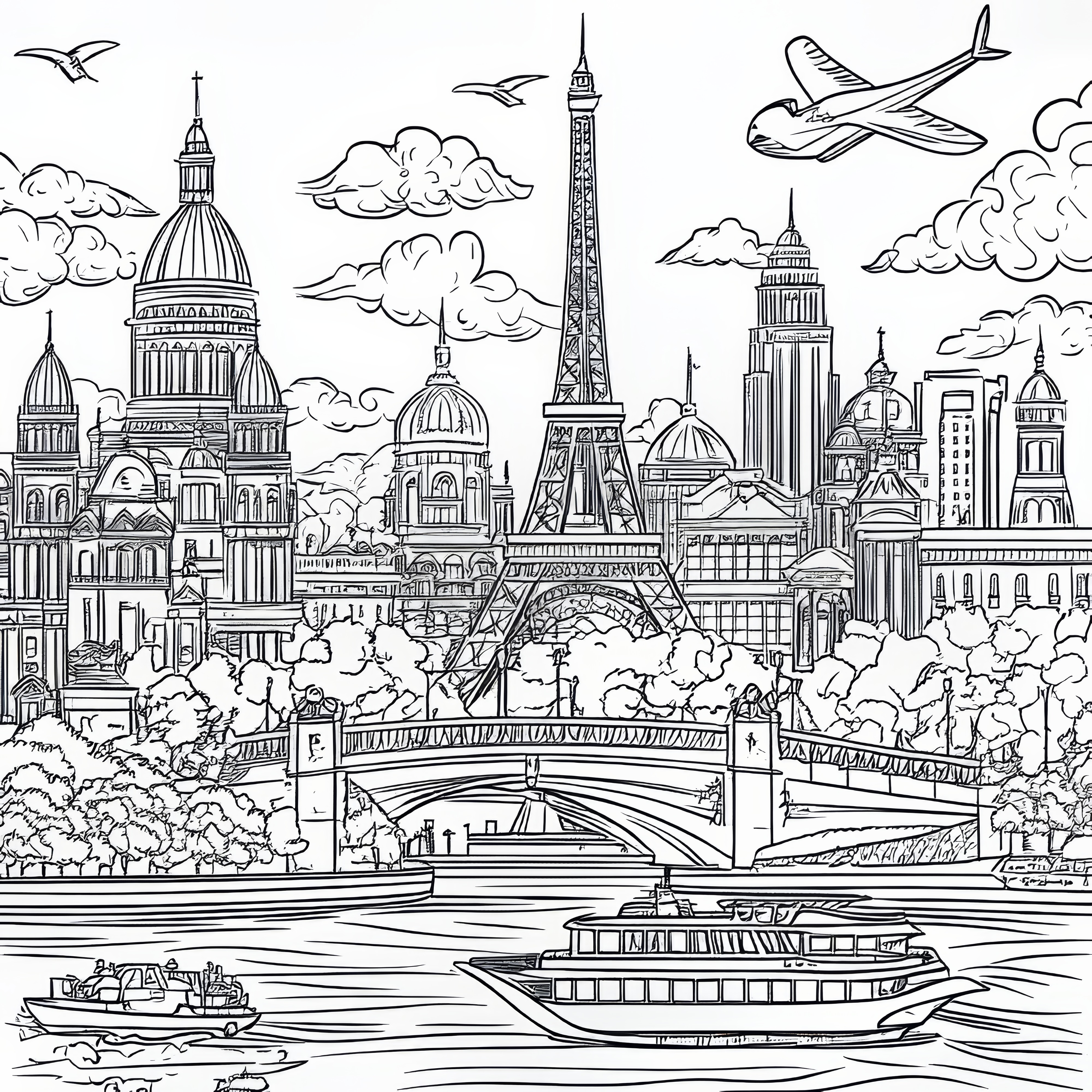 Hidden picture of a big city with Eiffel Tower for coloring (Free)