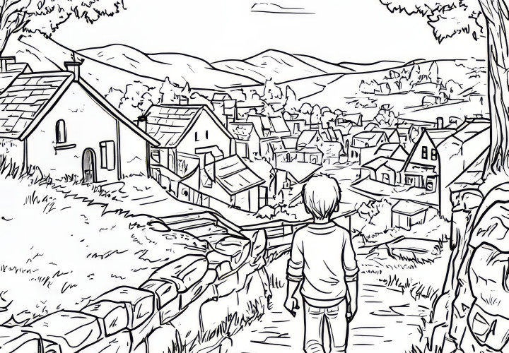 Coloring page of a small town to color (Free)