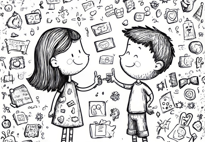 Girl and boy on a busy picture: coloring page for download (free)