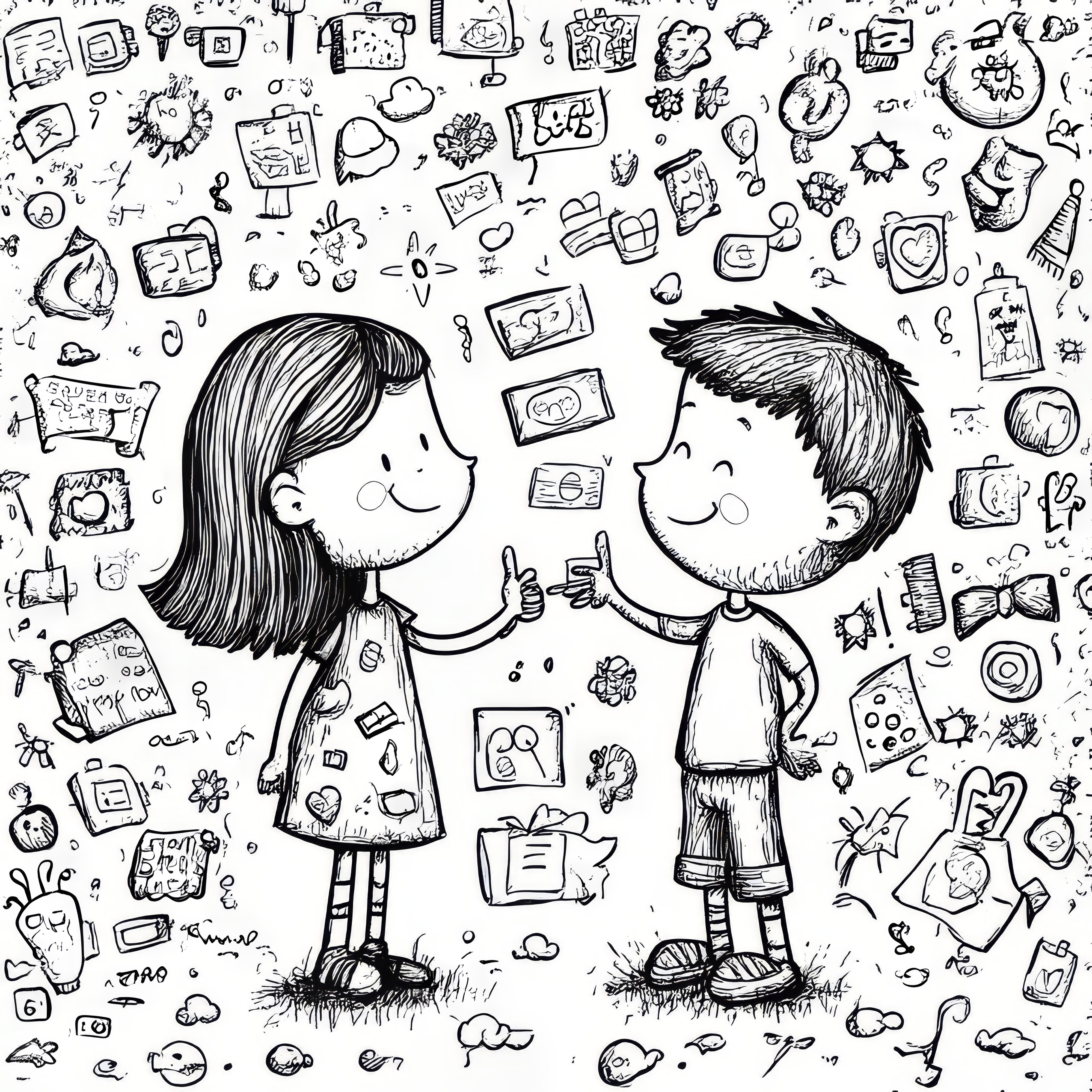 Girl and boy on a busy picture: coloring template for download (free)