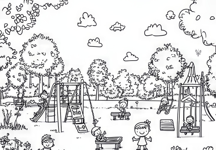 Niños en un parque infantil como imagen llena de detalles: dibujo para colorear (gratis)