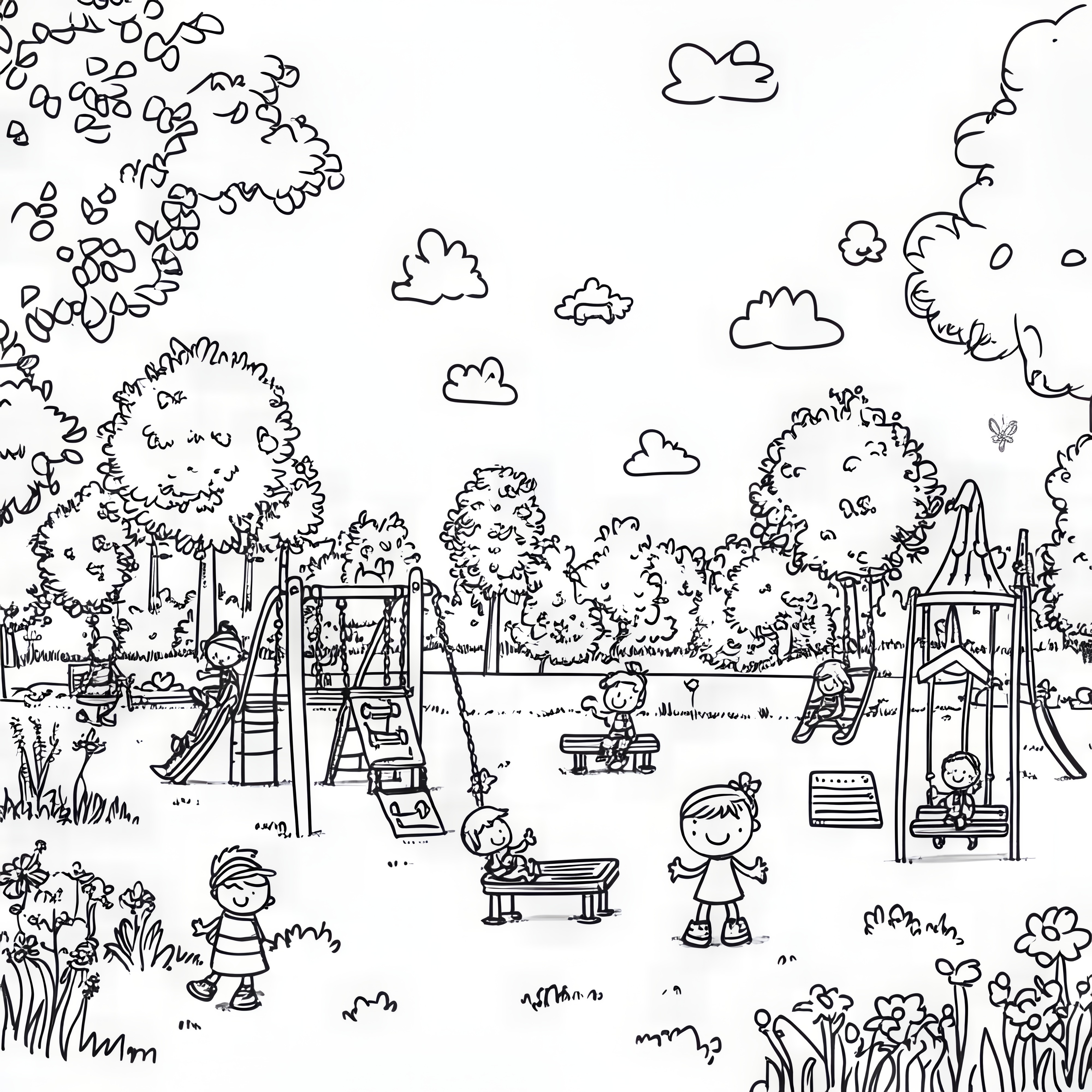 Enfants sur une aire de jeux comme une image cachée : coloriage (gratuit)