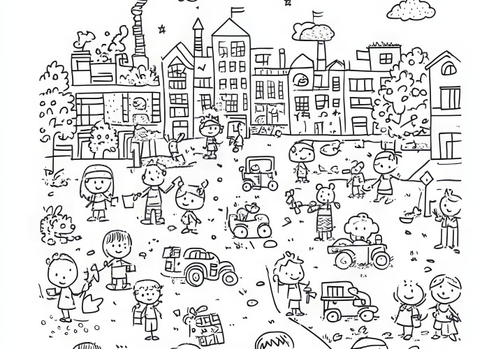 Ciudad animada con muchos niños: imagen para colorear (Gratis)