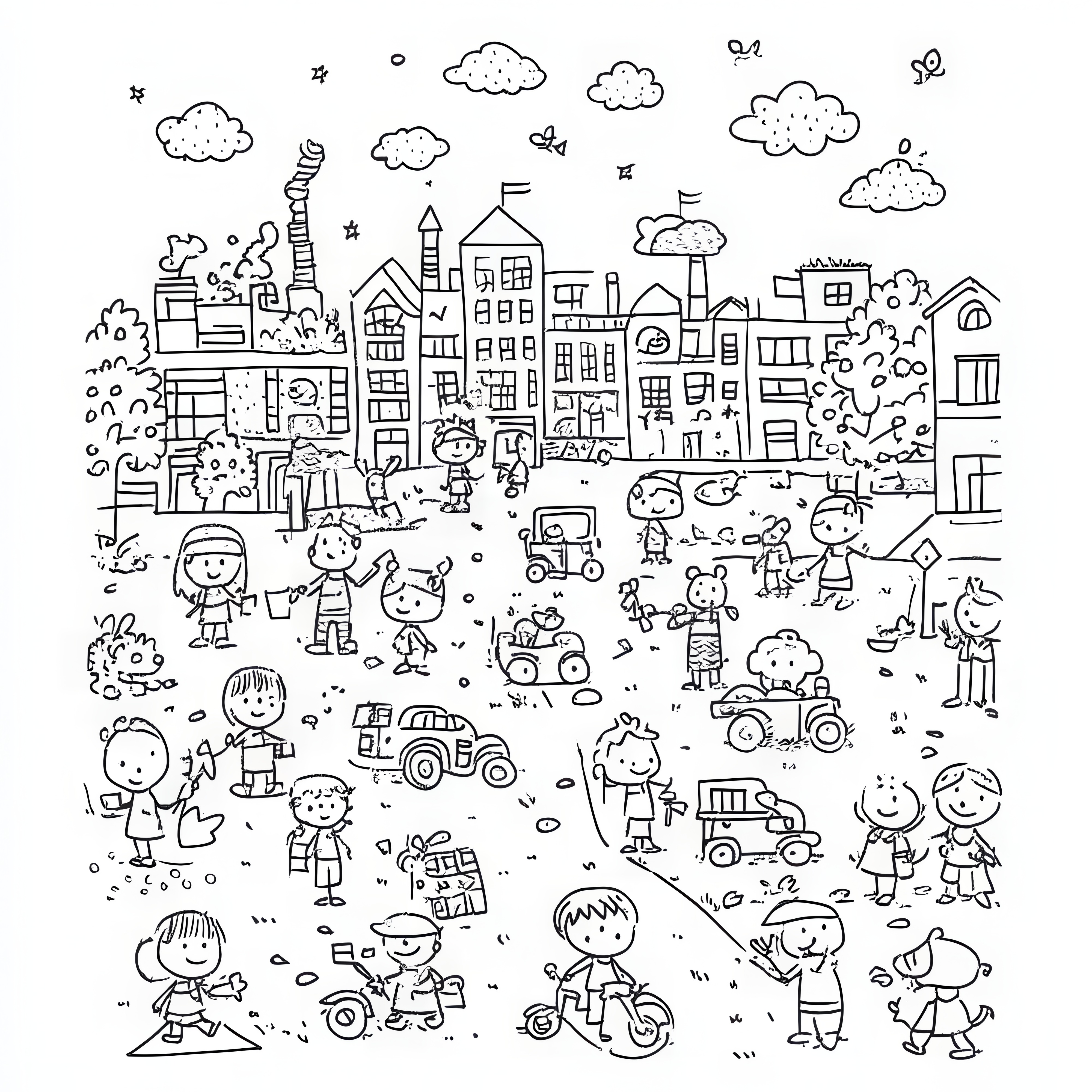 Ciudad animada con muchos niños: imagen para colorear (Gratis)