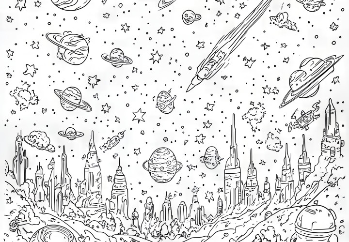 Universe as a hidden object picture: coloring template for download (Free)