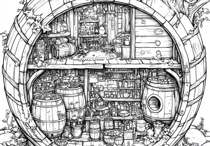 Wine barrel as a hidden object picture: Coloring template for download (Free)