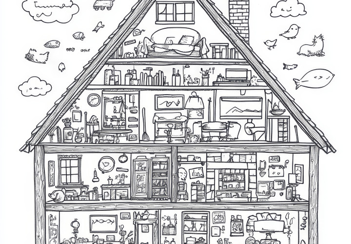 Residential house as hidden object picture: Coloring picture for download (Free)