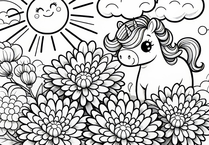 Chrysanthemum blooms with unicorn: Coloring page for children (Free)