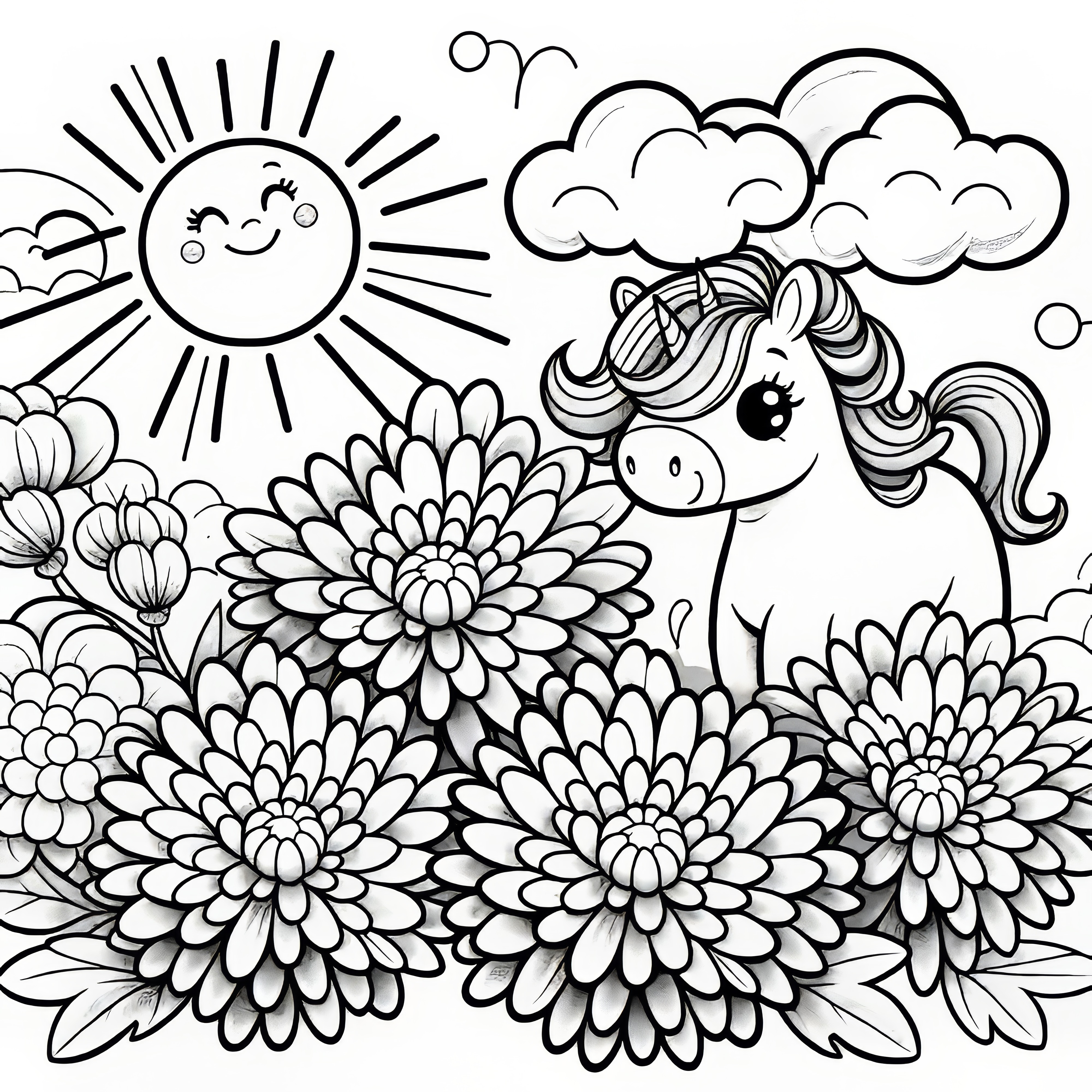 Chrysanthemen Blüten mit Einhorn: Malvorlage für Kinder (Kostenlos)