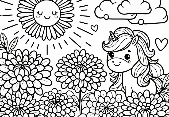 Chrysanthemum blooms and unicorn with sun: Free coloring page