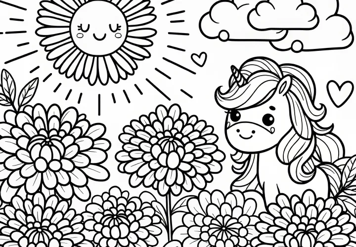 Chrysanthemum blooms and unicorn with sun: Free coloring page