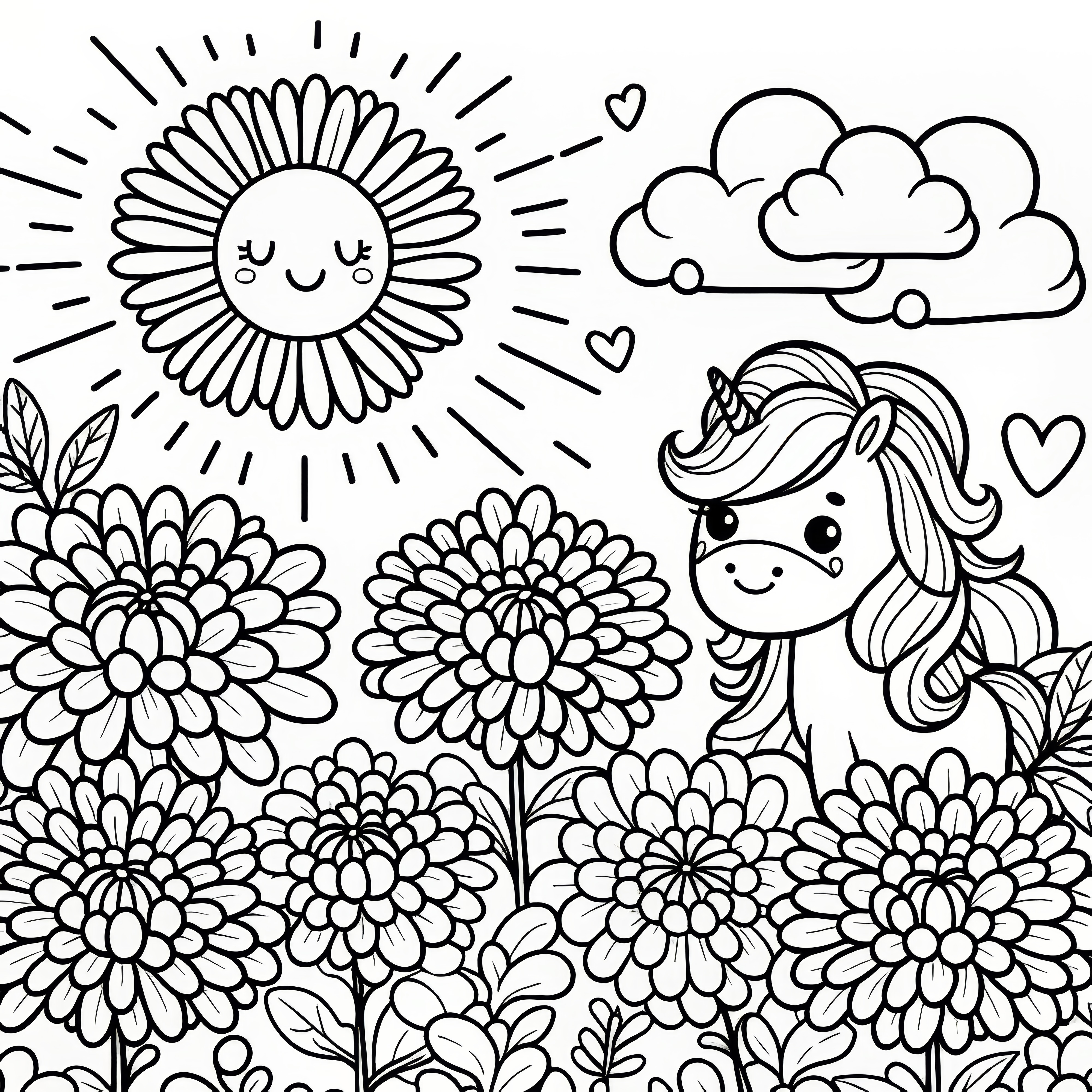 Chrysanthemen Blüten und Einhorn mit Sonne: Kostenlose Malvorlage