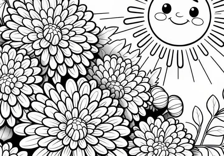 Chrysanthemen Blüten in der Sonne: Sonniges Ausmalbild (Gratis)