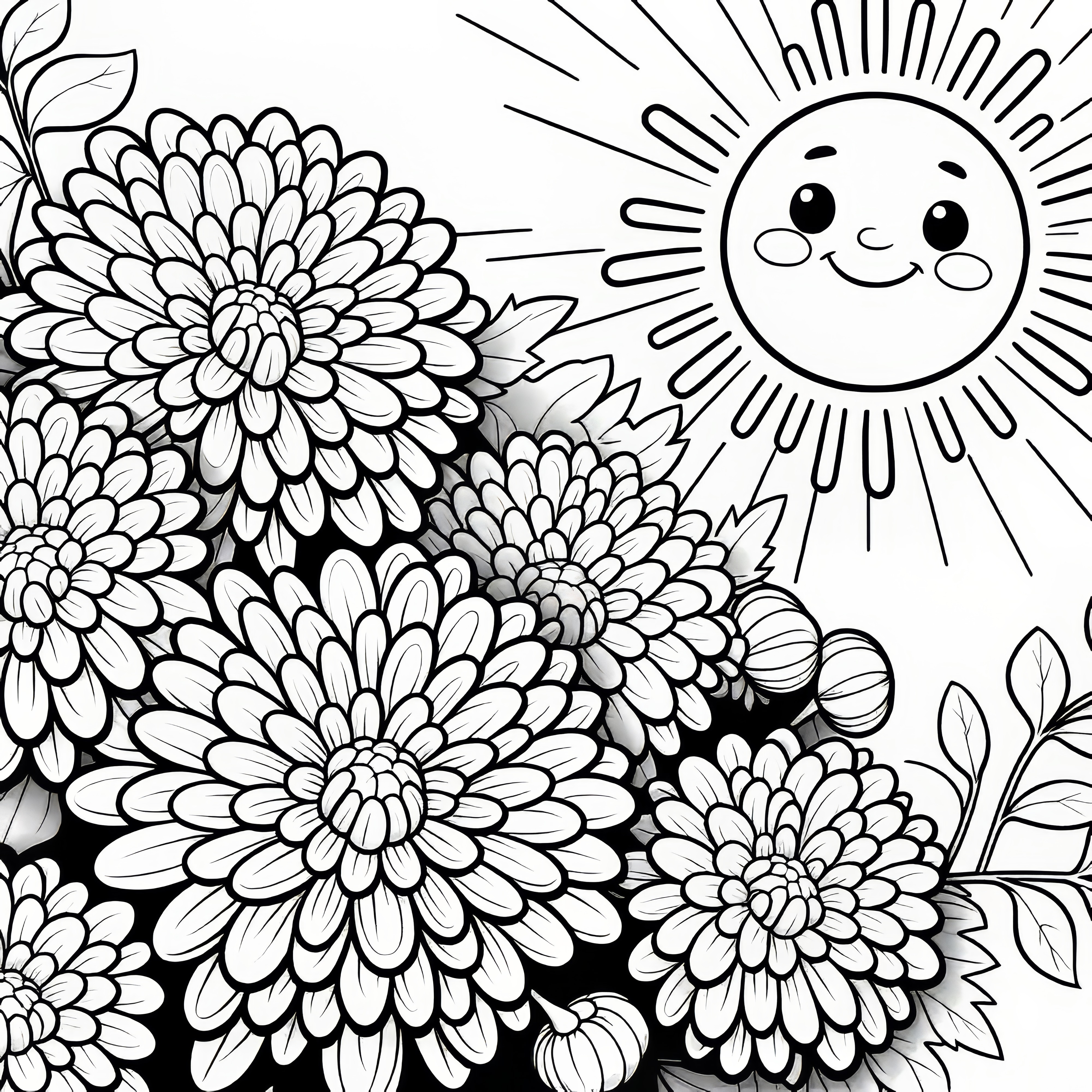 Chrysanthemen Blüten in der Sonne: Sonniges Ausmalbild (Gratis)