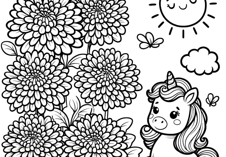 Chrysanthemums flowers, sunshine, and unicorn: Free coloring page