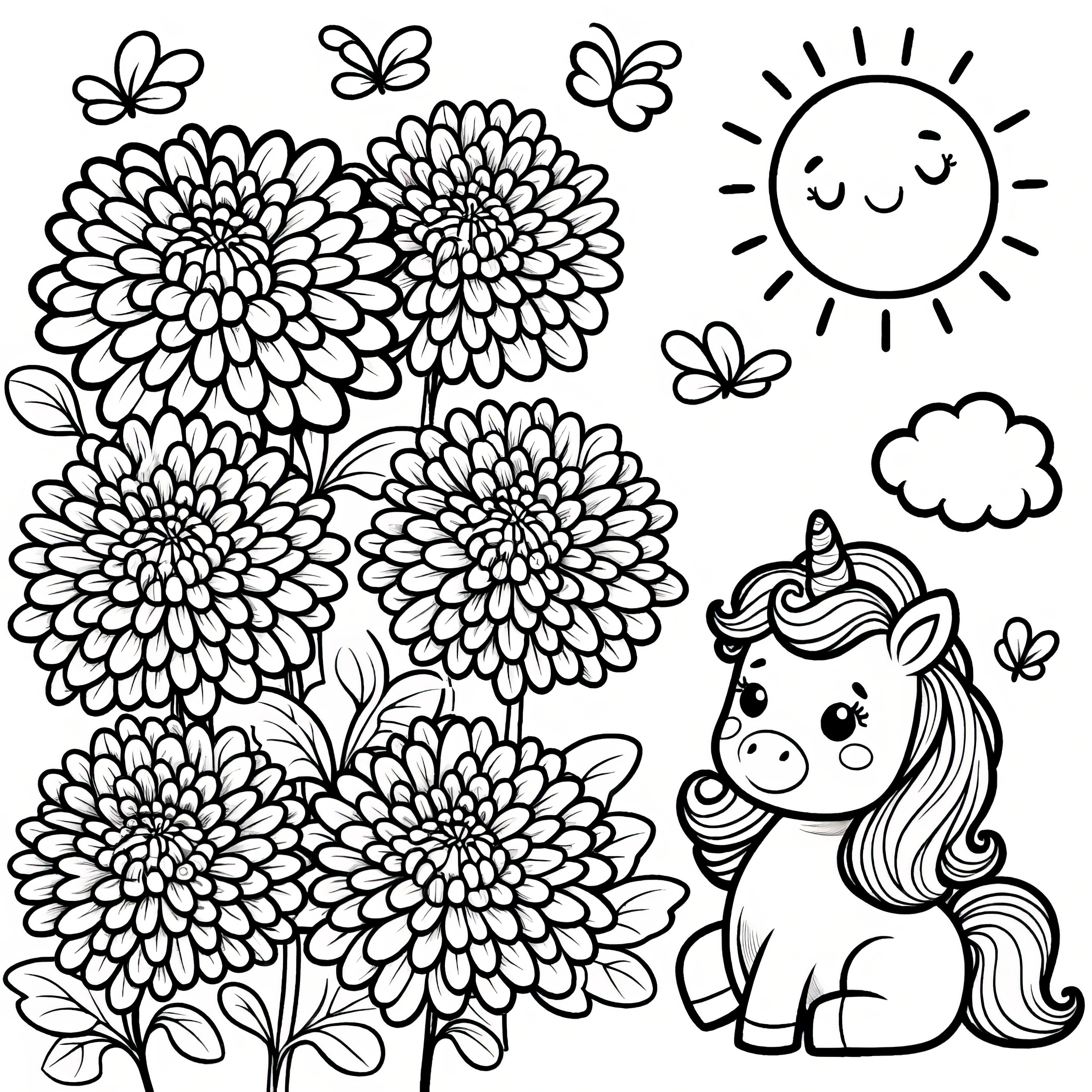 Chrysanthemum flowers, sunshine, and unicorn: Free coloring page