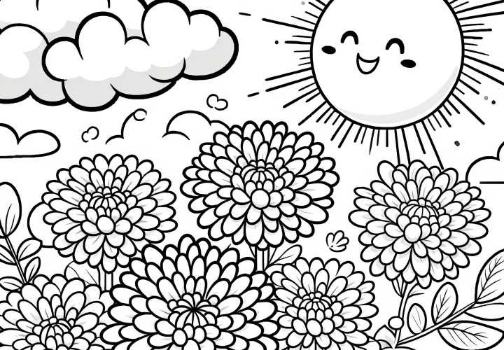 Chrysanthemums, flowers, sun, and clouds: Cheerful coloring page for relaxation (Free)