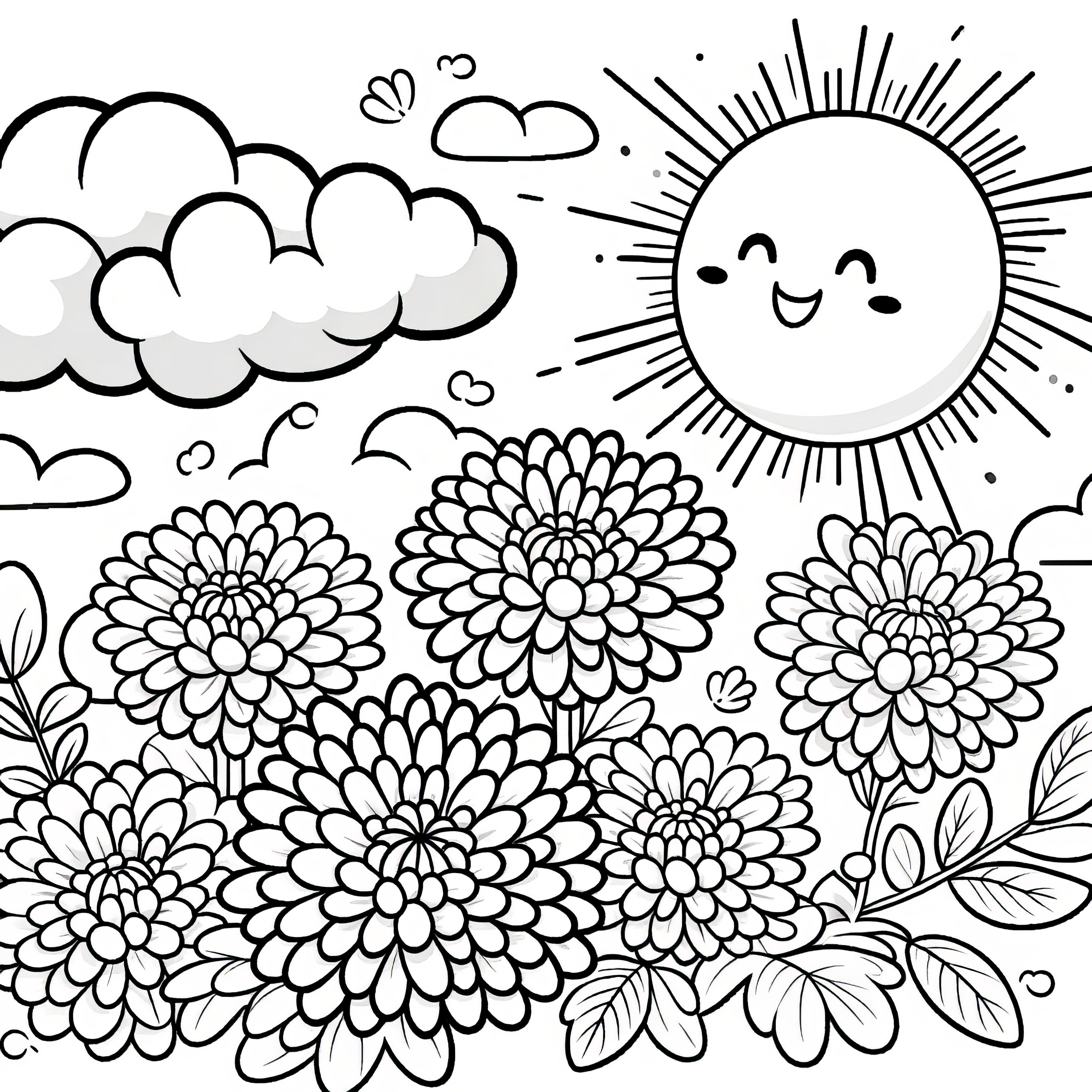 Chrysanthemen Blumen, Sonne und Wolken: Fröhliches Ausmalbild zum Entspannen (Gratis)