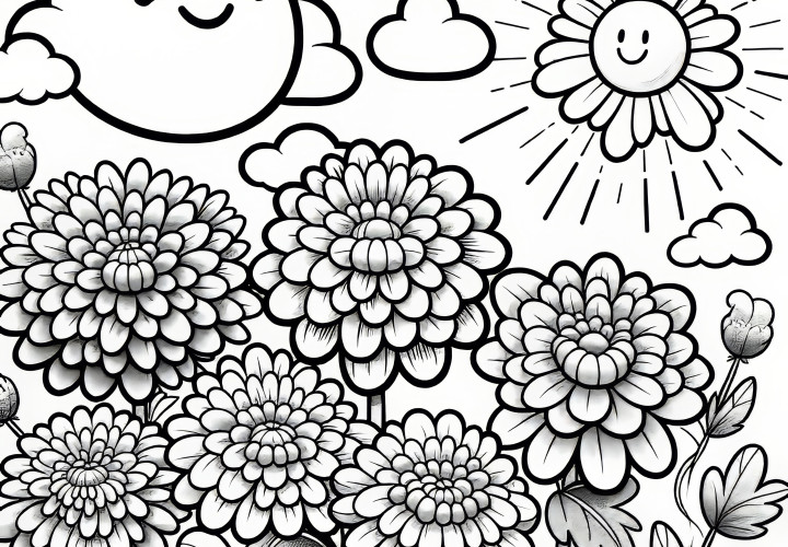 Chrysanthemum flowers, friendly sun with clouds as a coloring template (Free)