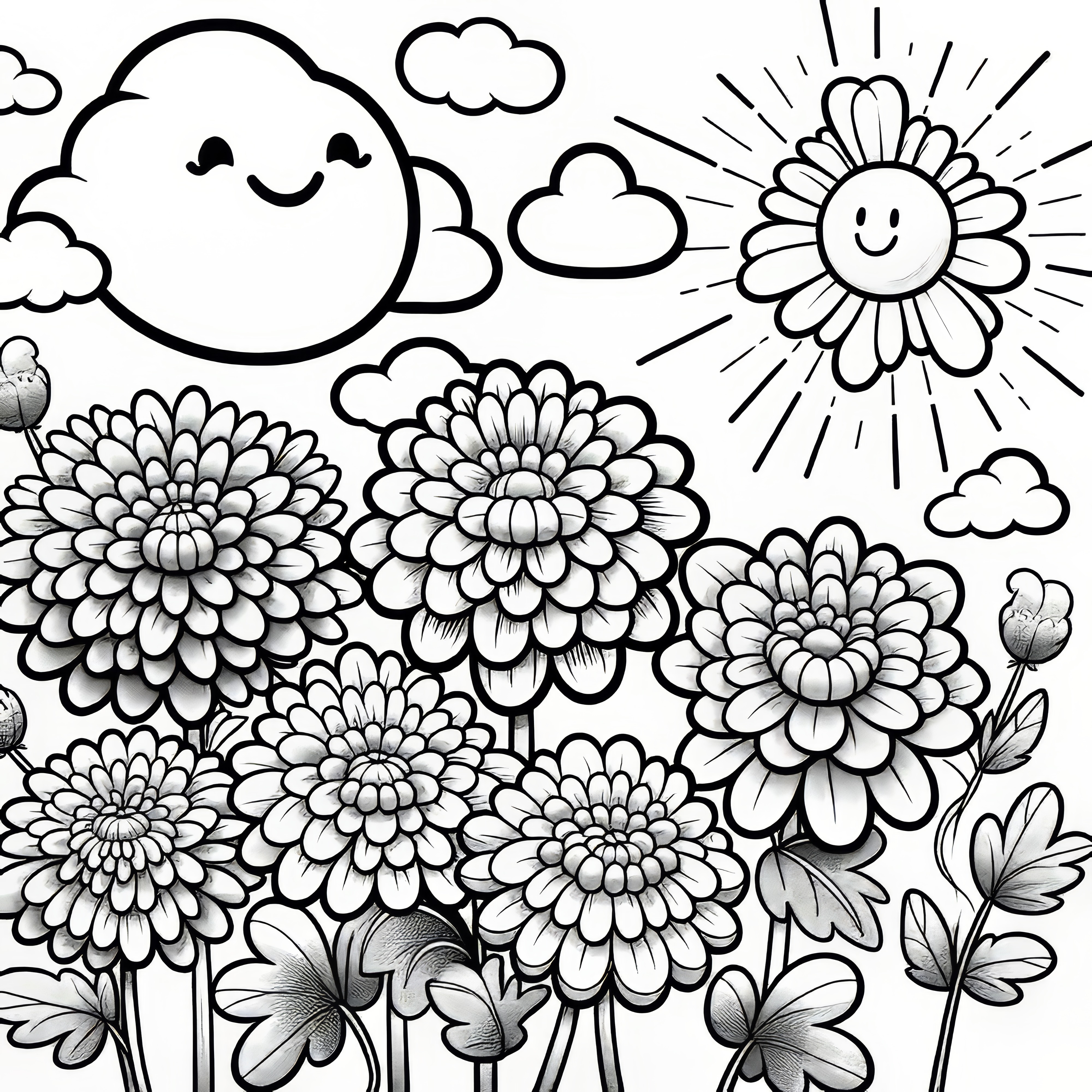 Chrysanthemen Blumen, freundliche Sonne mit Wolken als Malvorlage (Gratis)