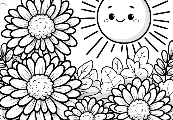 Simple coloring page for children: Chrysanthemums in the sun (Free)