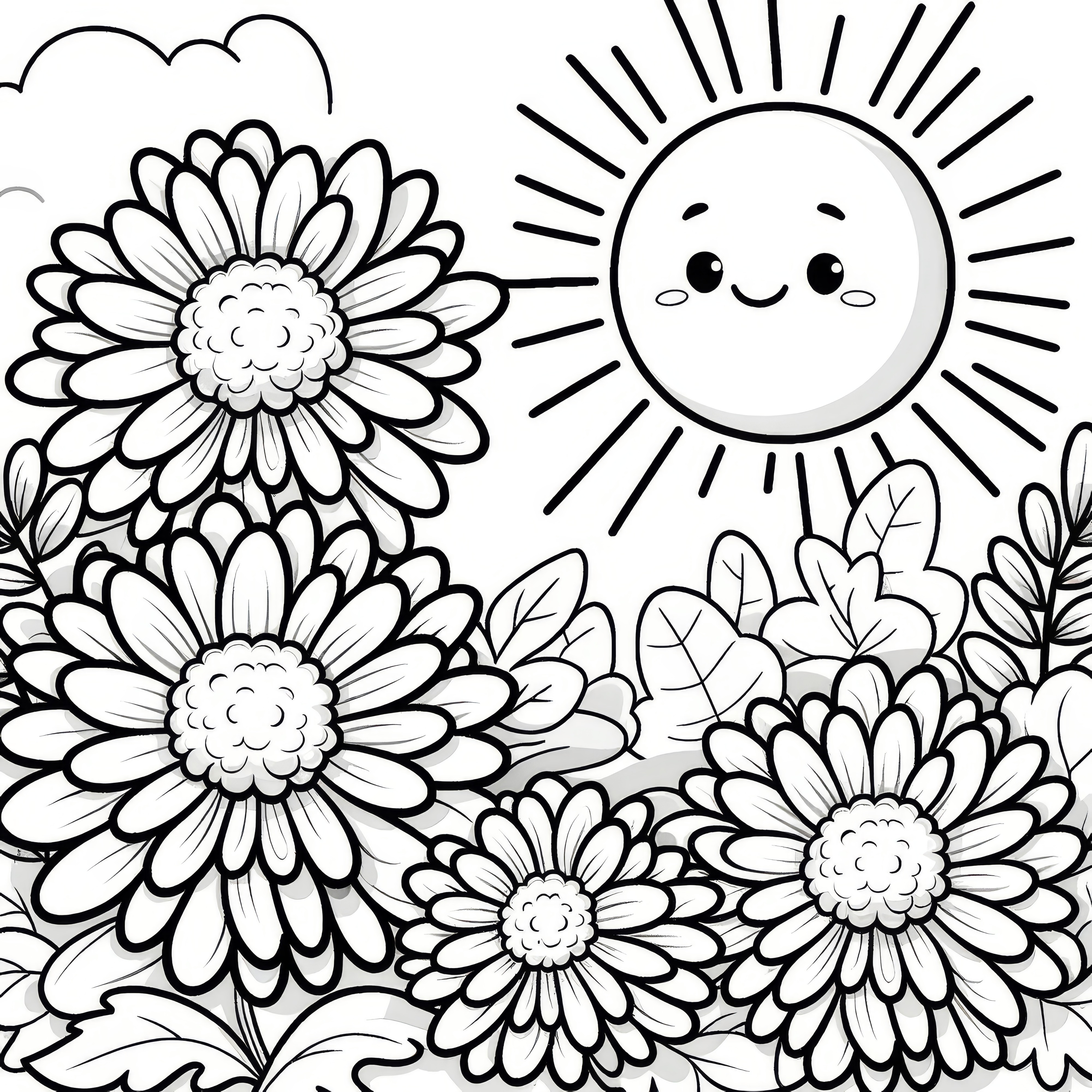 Einfaches Ausmalbild für Kinder: Chrysanthemen in der Sonne (Kostenlos)