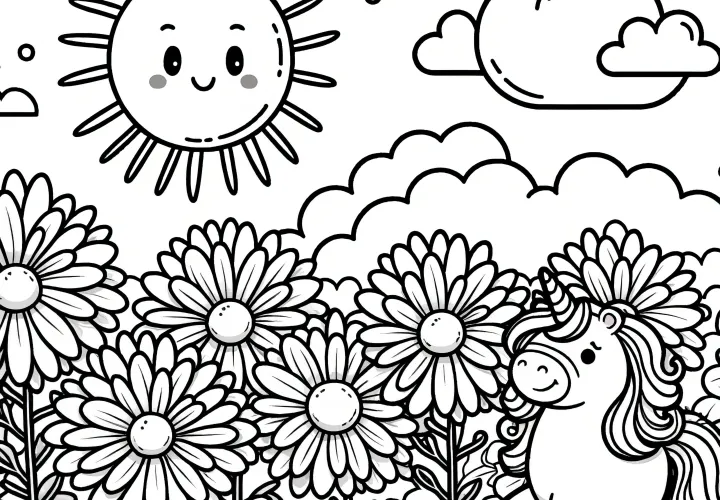 Chrysanthemums, sun, and cute unicorn: A coloring page for kids (Free)